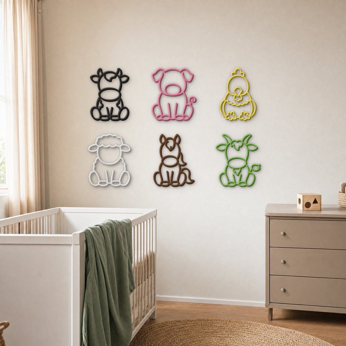 All six 3D printed farm animal wall art designs grouped on a nursery wall