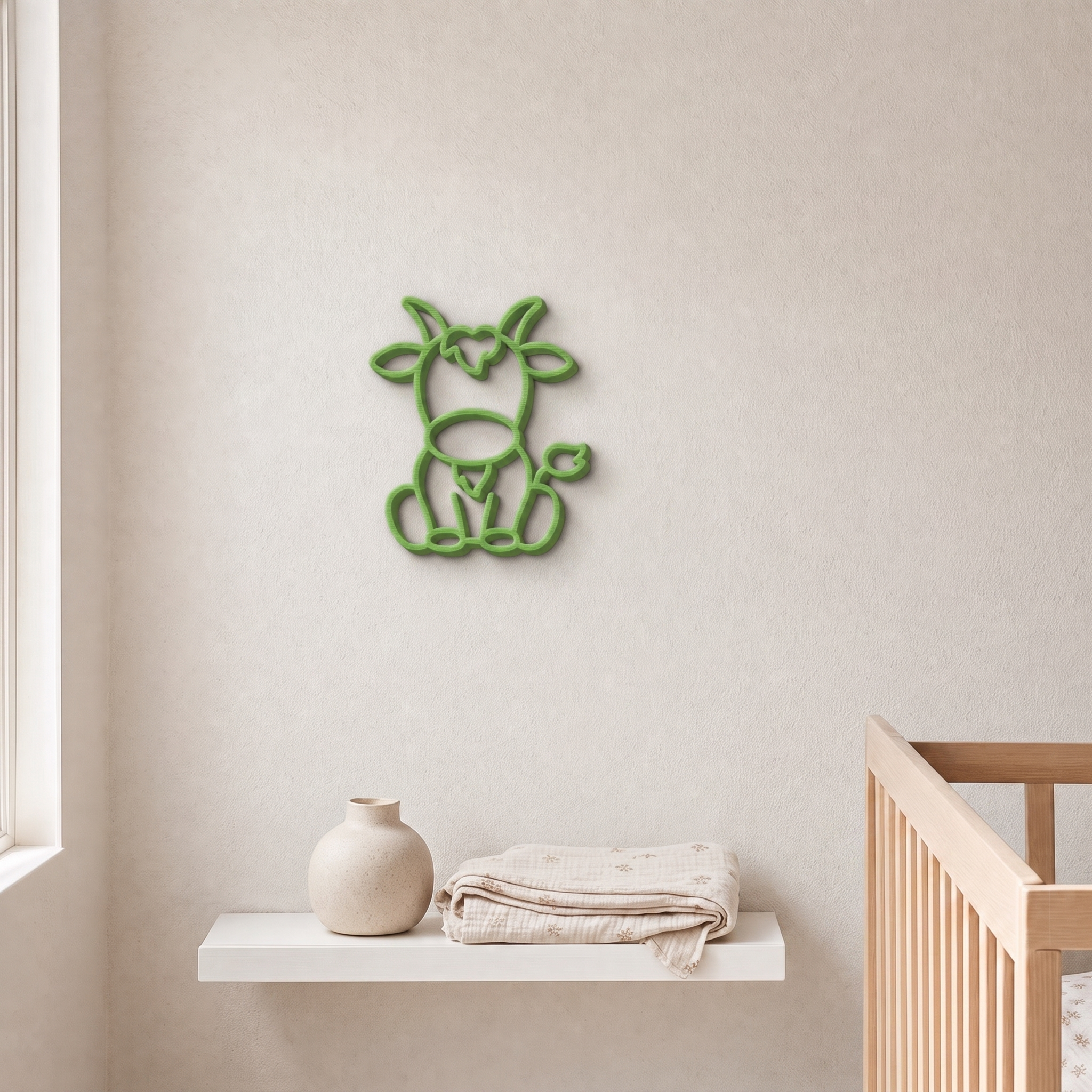 Lime green 3D printed goat wall art above a nursery shelf