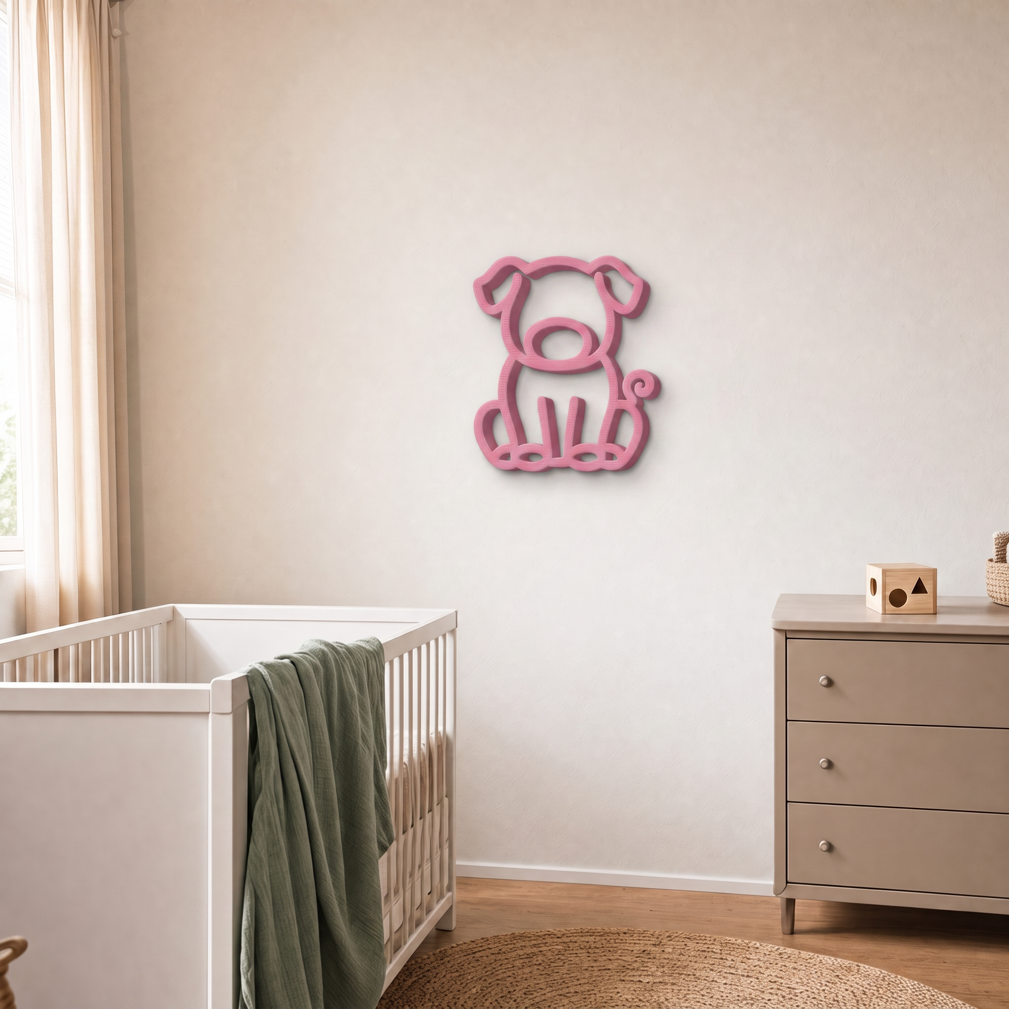 Pink 3D printed pig wall art in a nursery with cot and drawers