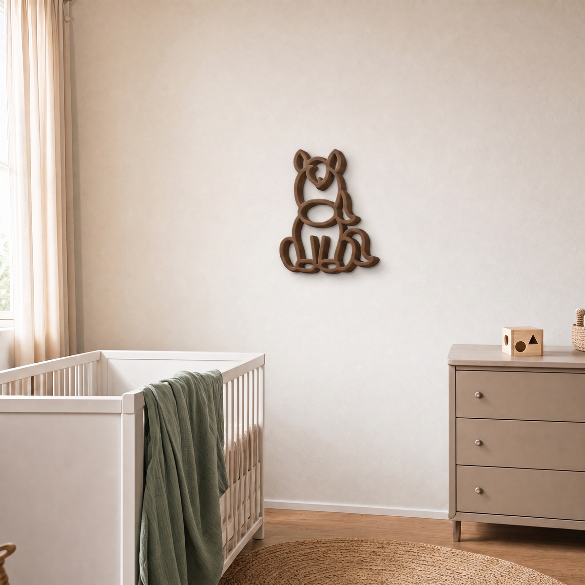 Beige 3D printed horse wall art in a nursery with cot and drawers