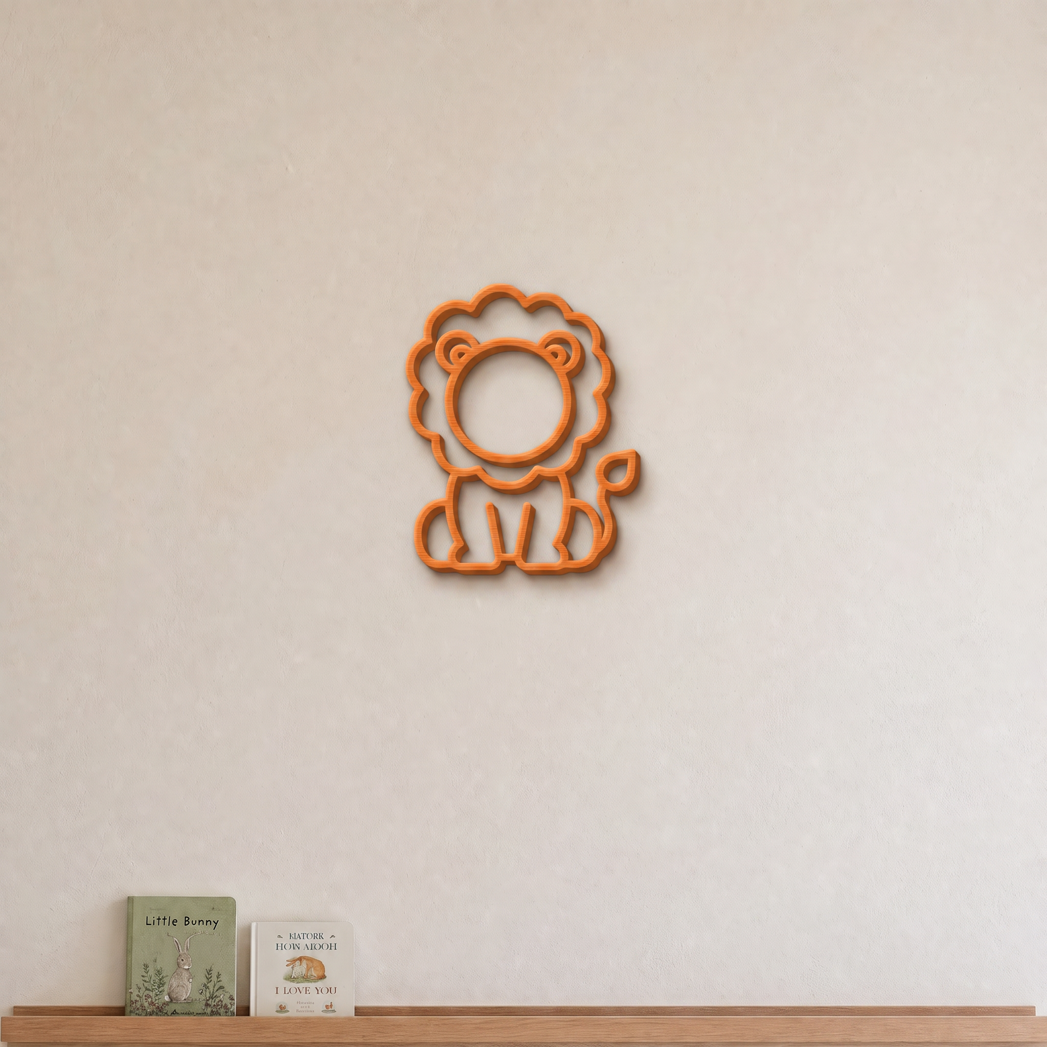 Lion nursery wall art in orange, 3D printed outline on a nursery wall