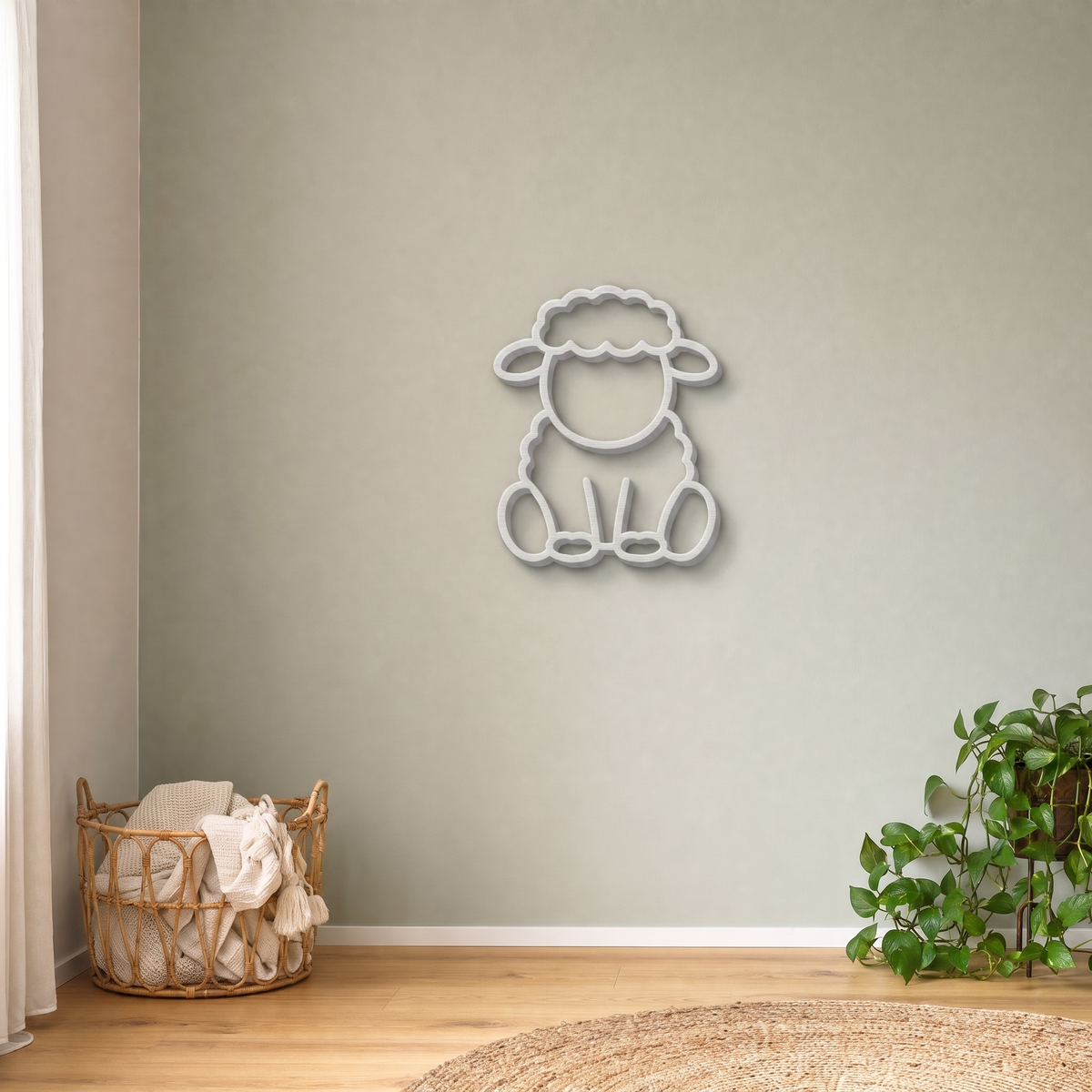 Sheep nursery wall art in white, 3D printed outline on a sage green nursery wall
