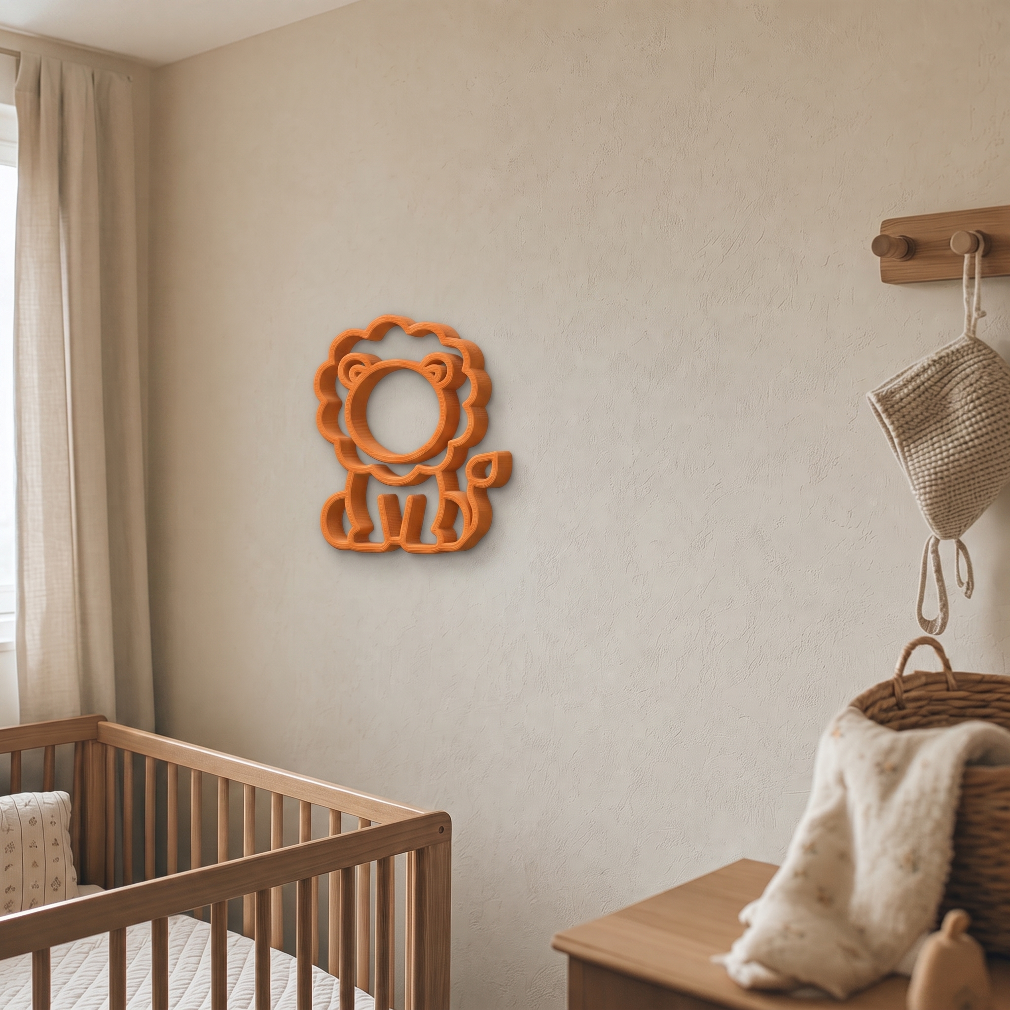 Orange lion wall art in warm light beside a wooden peg rail