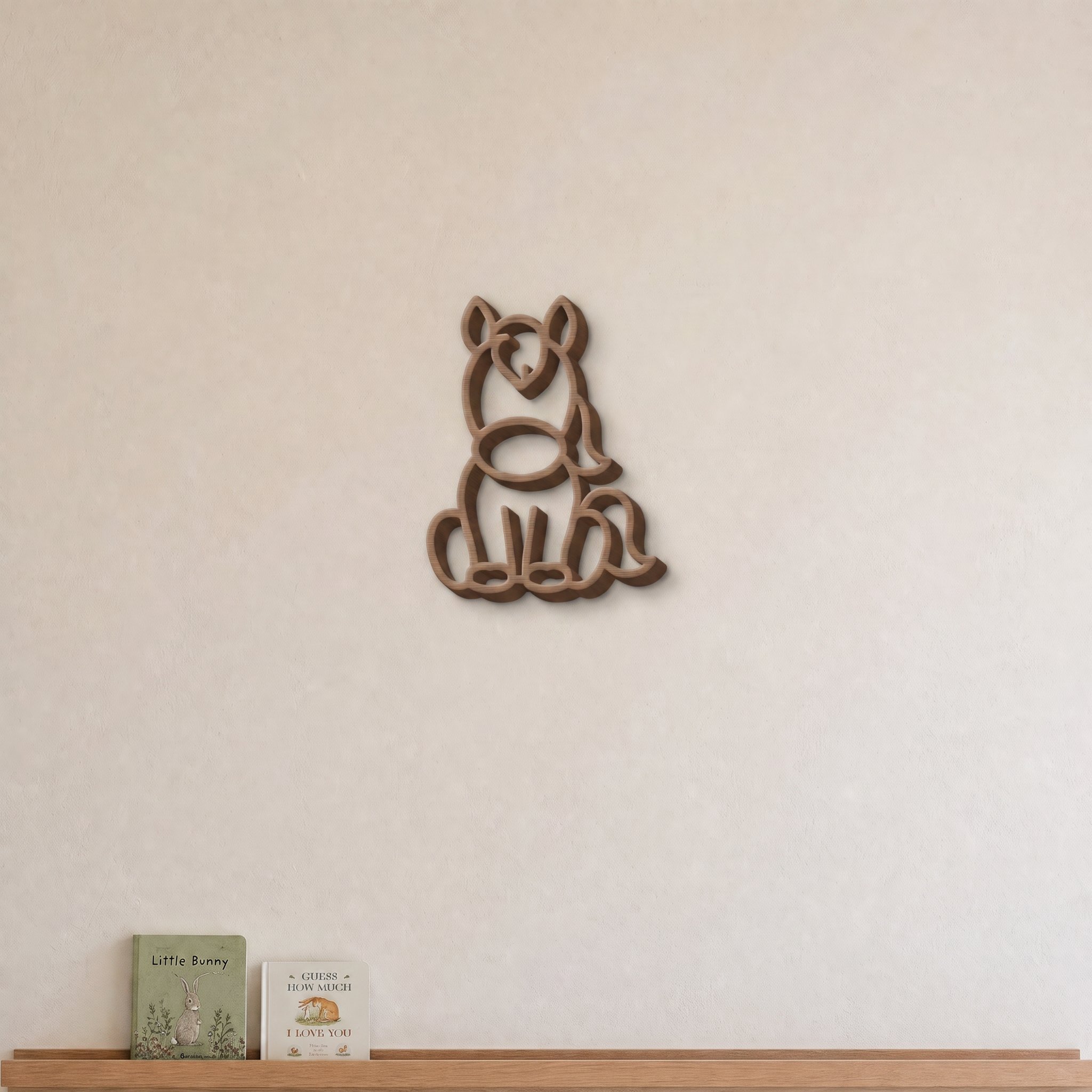 Horse nursery wall art in beige, 3D printed outline on a nursery wall