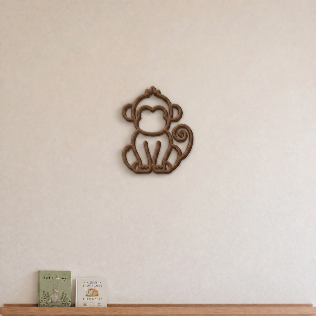 Monkey nursery wall art in beige, 3D printed outline on a nursery wall
