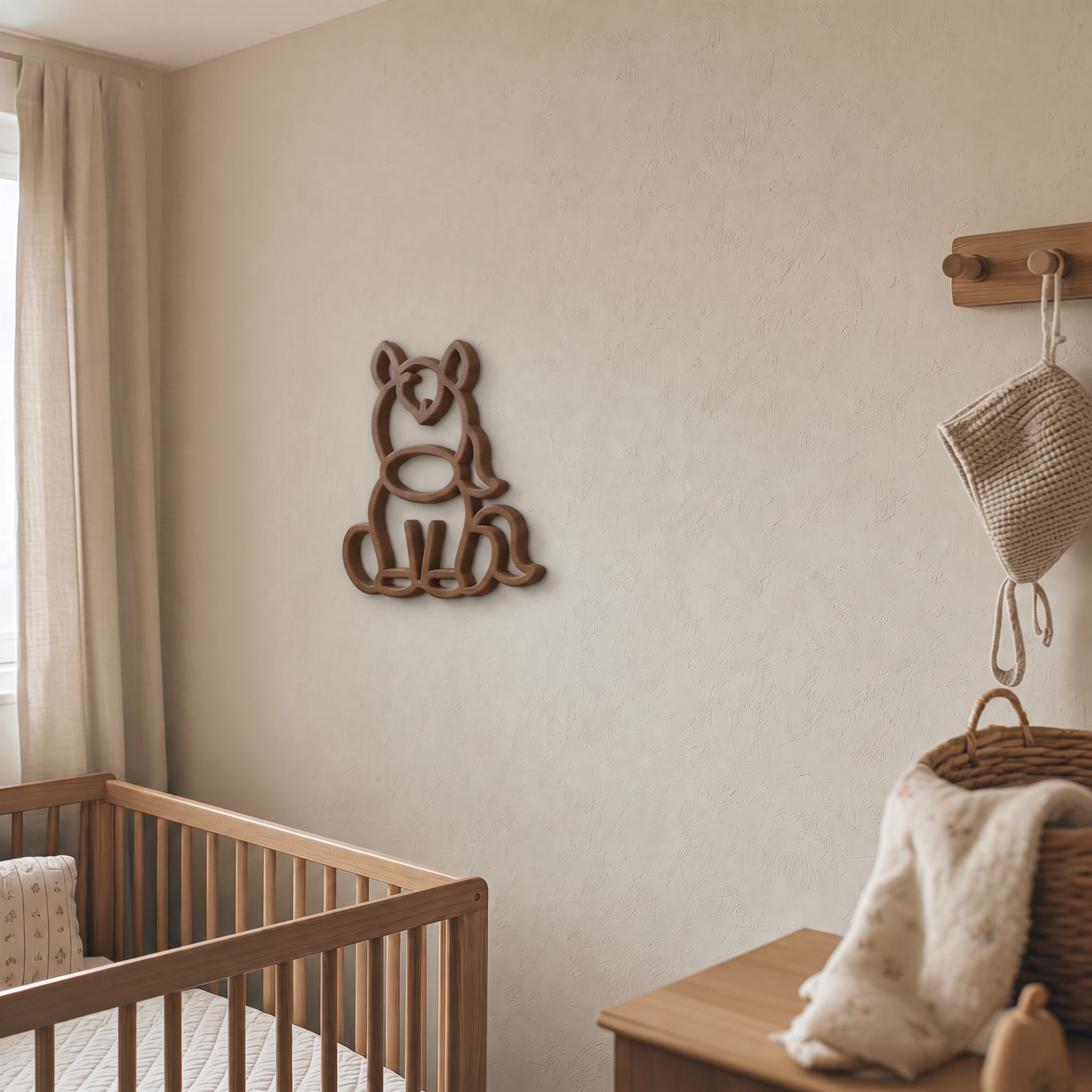 Beige horse wall art beside a wooden peg rail in a nursery