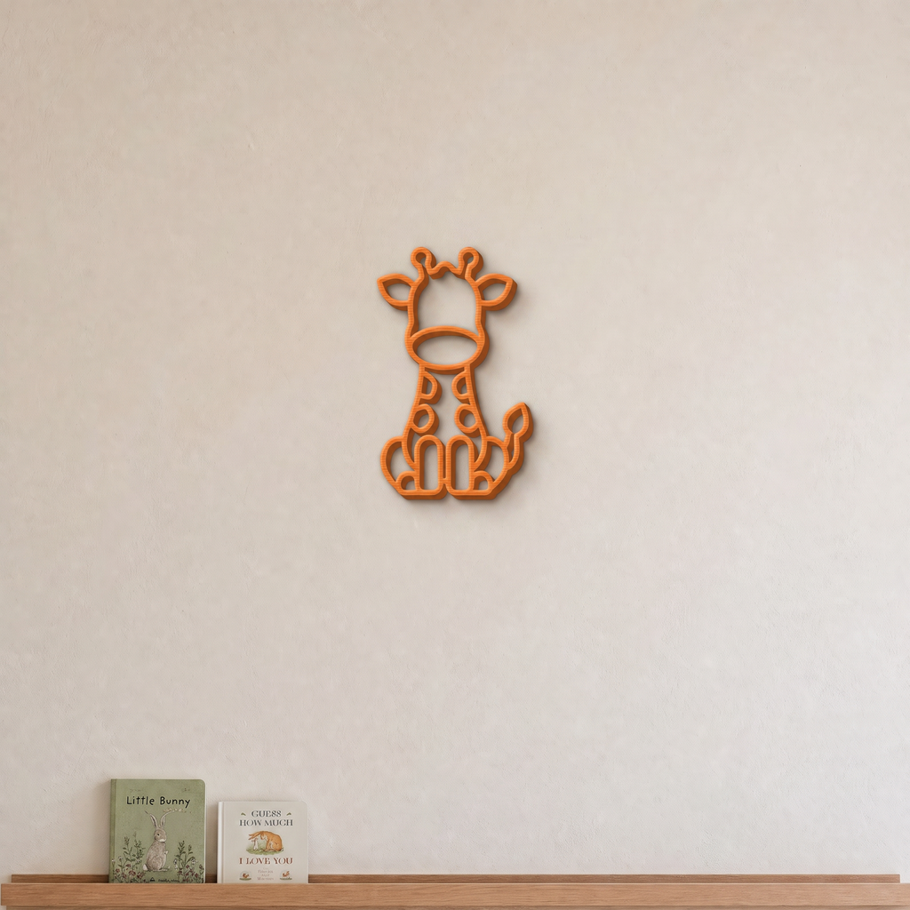 Giraffe nursery wall art in orange, 3D printed outline on a nursery wall