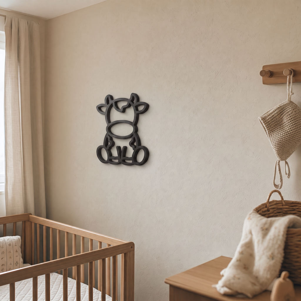 Black cow wall art beside a wooden peg rail in a nursery