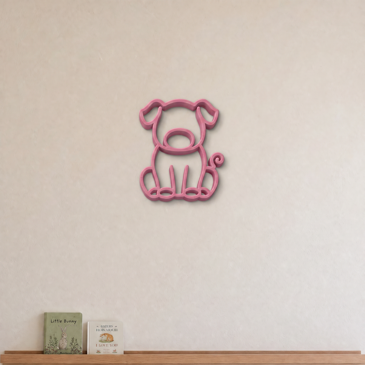 Pig nursery wall art in pink, 3D printed outline on a nursery wall