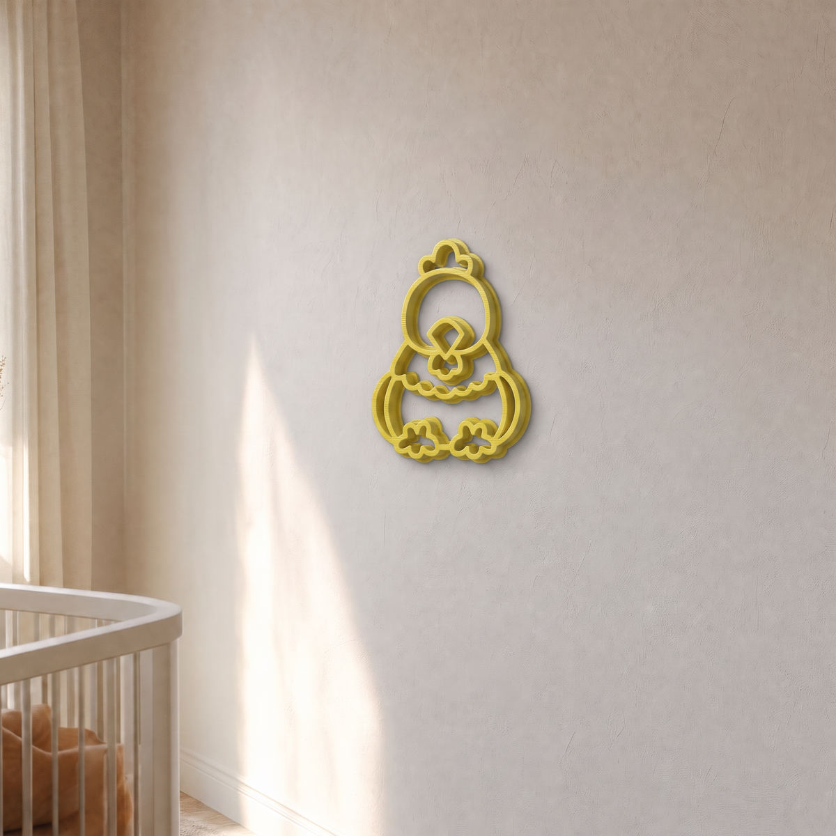 Yellow chicken wall art in warm afternoon light on a plaster nursery wall