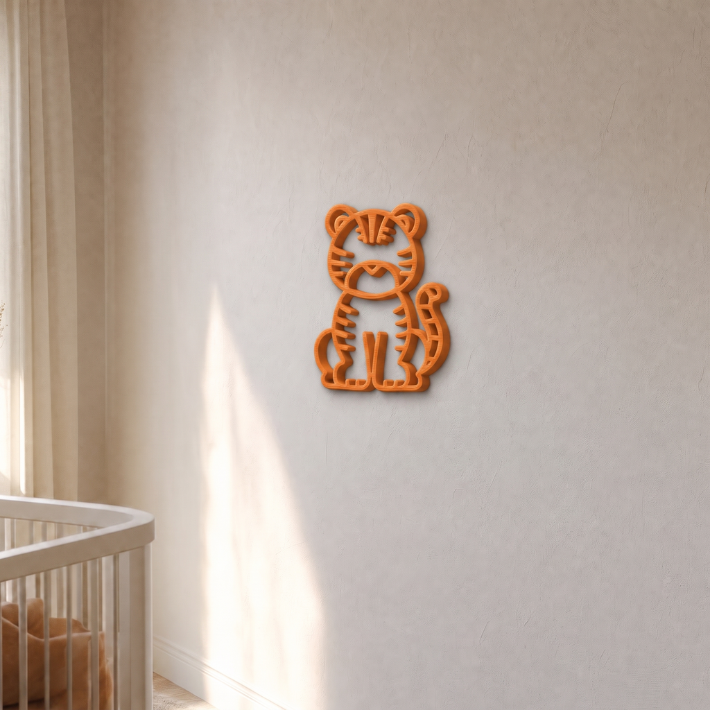 Orange tiger wall art in warm afternoon light on a plaster nursery wall