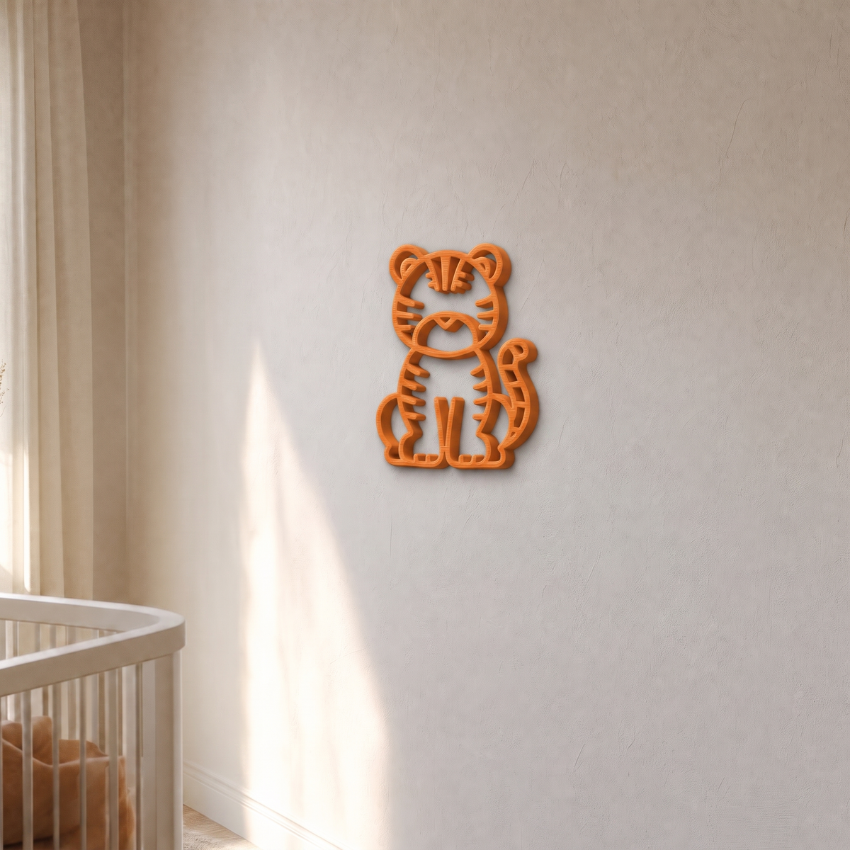 Orange tiger wall art in warm afternoon light on a plaster nursery wall