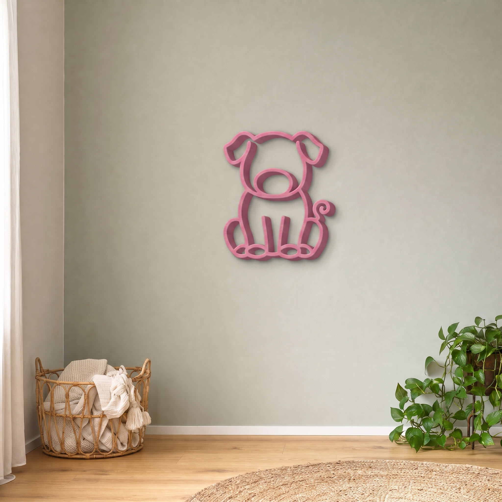 Pink pig wall art on a sage green nursery wall