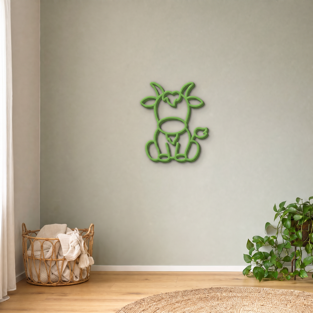 Lime green goat wall art on a sage green nursery wall