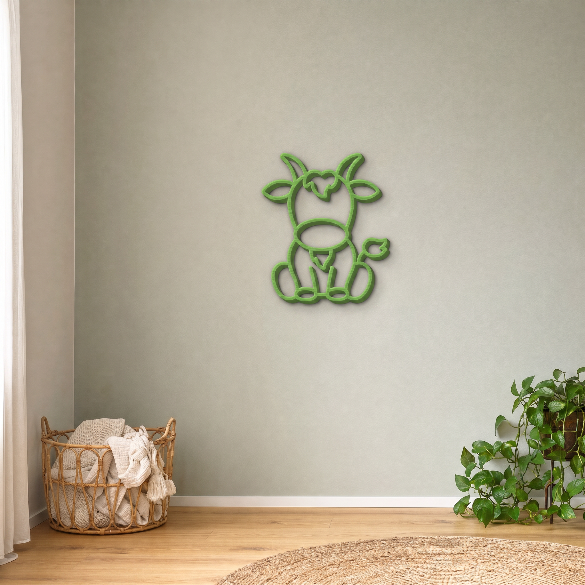 Lime green goat wall art on a sage green nursery wall