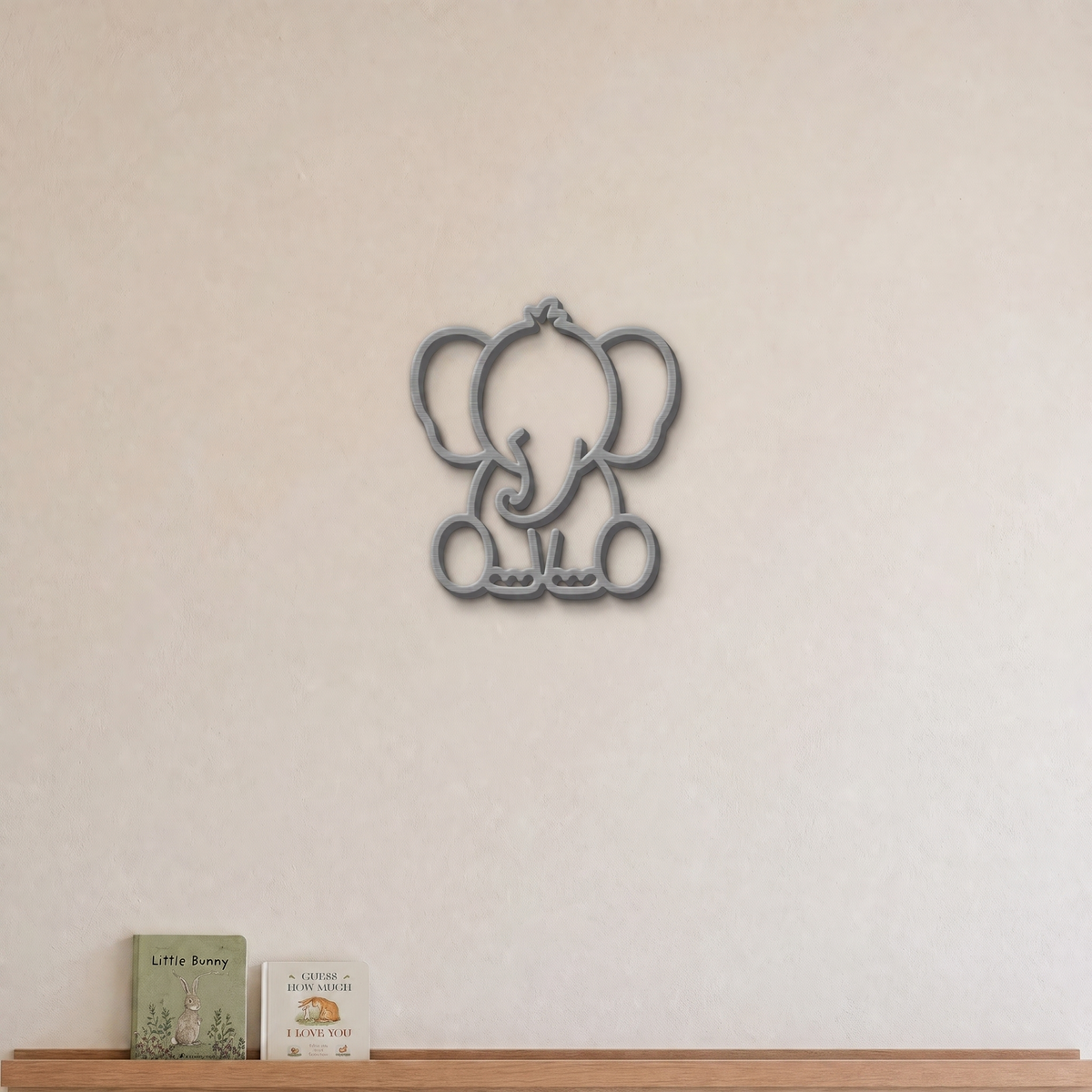 Elephant nursery wall art in grey, 3D printed outline on a nursery wall
