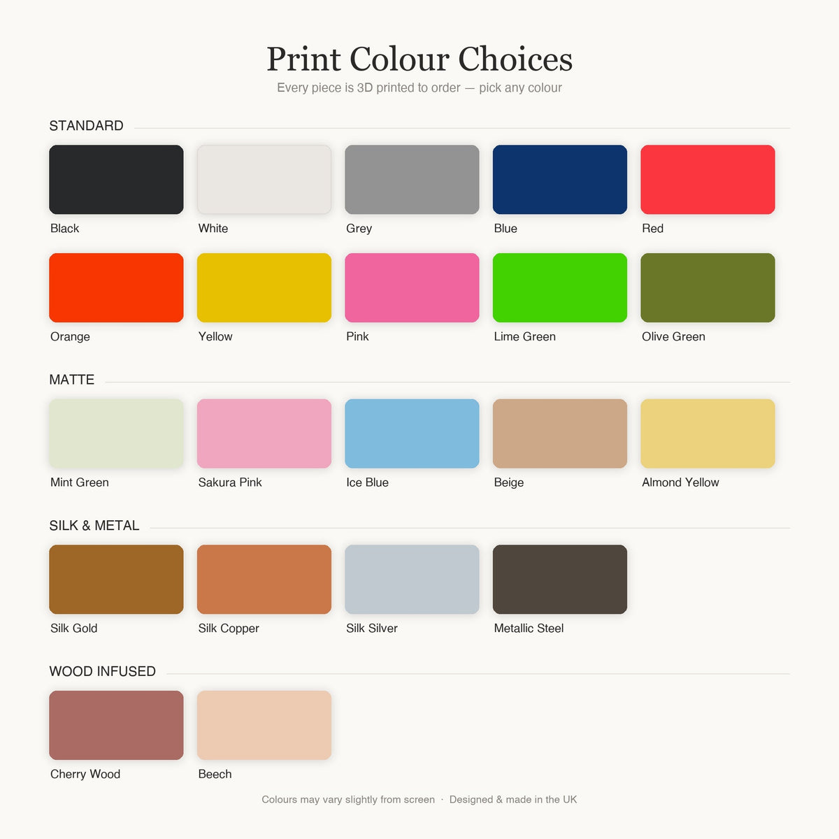 LayerMade print colour choices: 21 filament swatches across standard, matte, silk and wood-infused