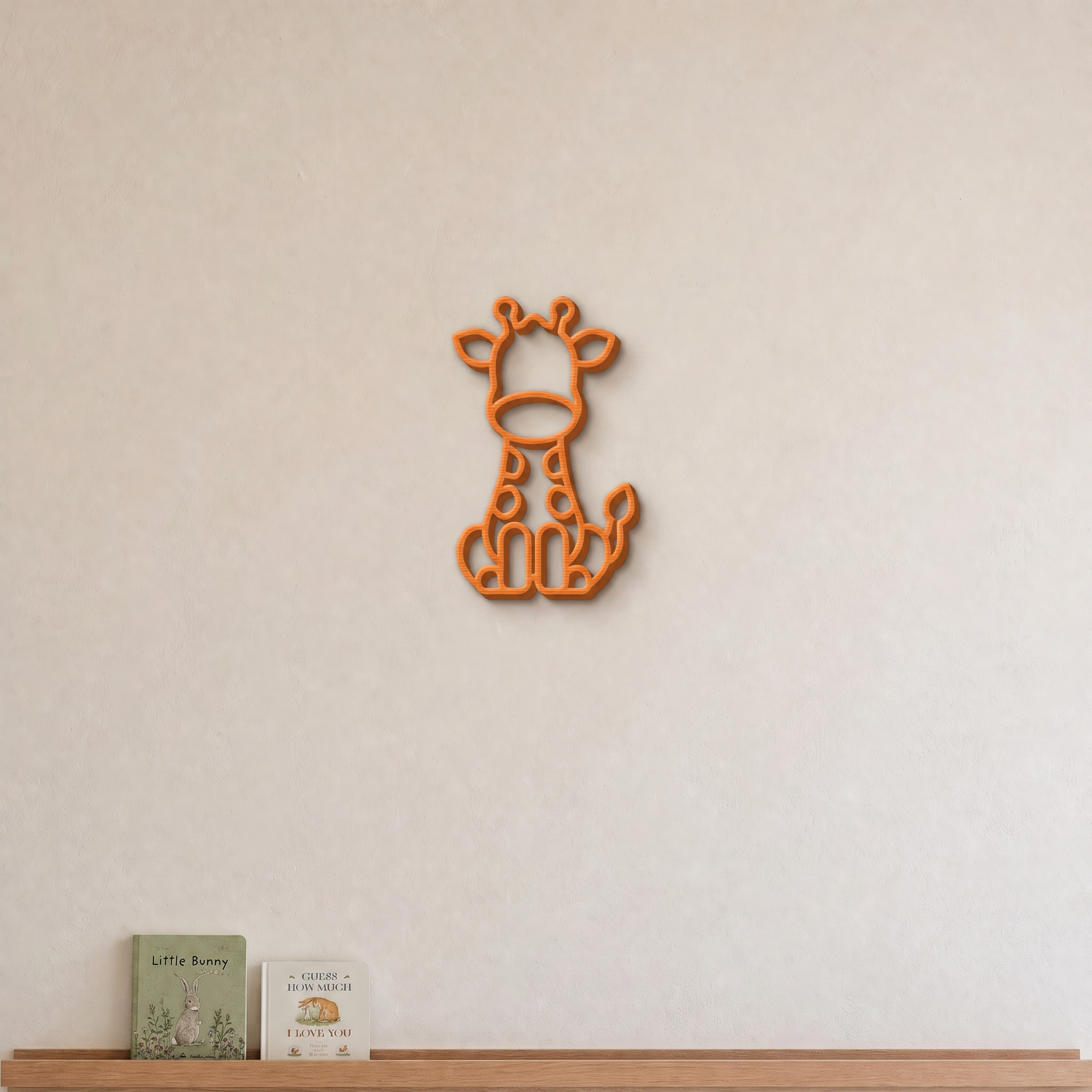 Orange giraffe 3D printed wall art in a nursery